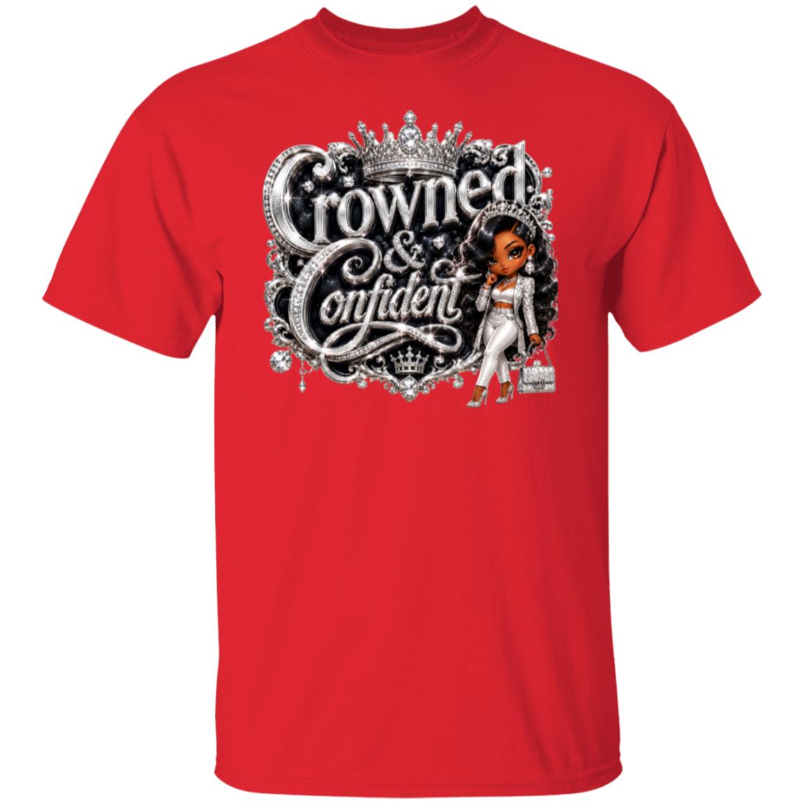 A red short-sleeve crewneck t-shirt featuring a large graphic print on the front with the words 'Crowned & Confident' in ornate silver lettering, a crown, and a cartoon-style woman in a white outfit.