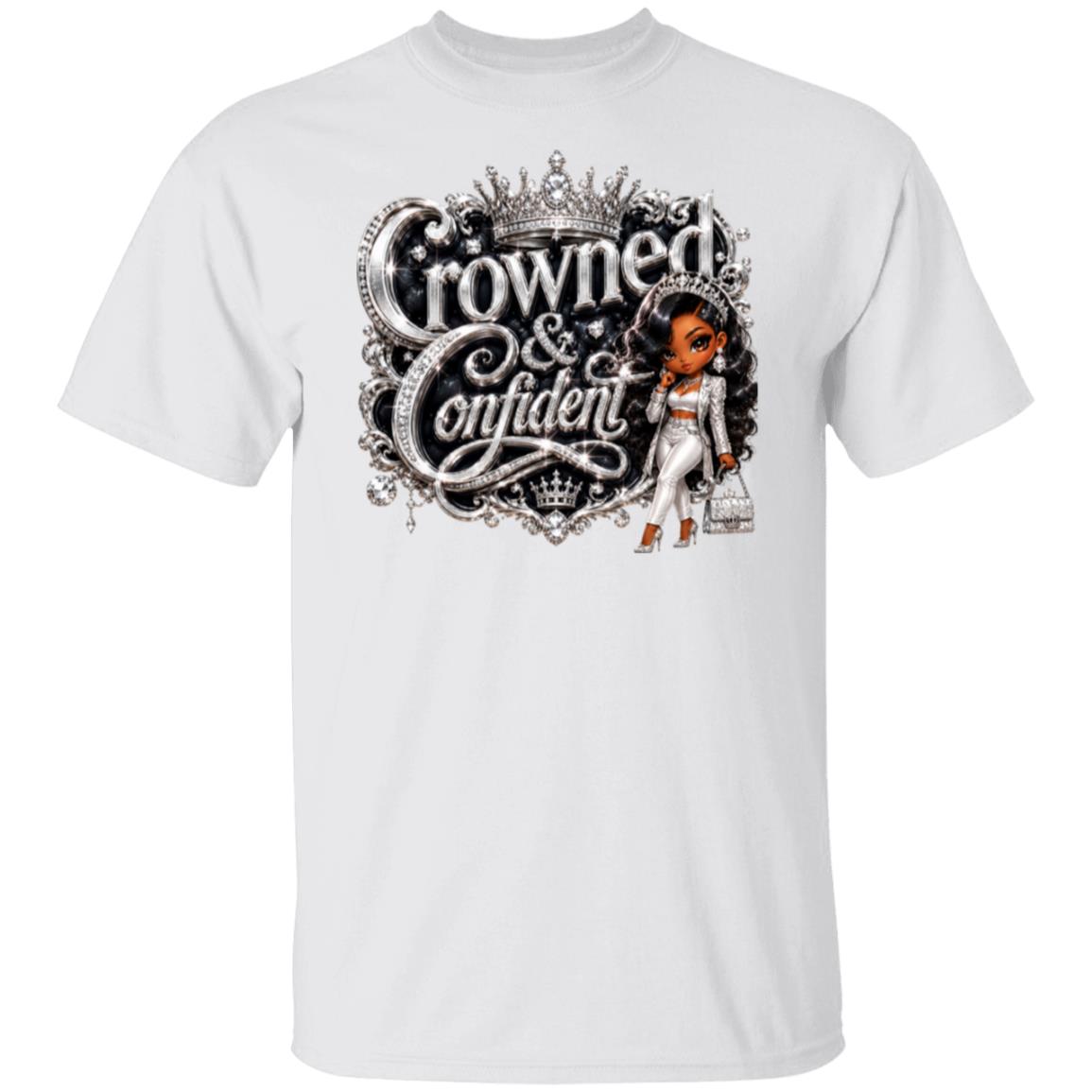 A white short-sleeve crewneck t-shirt featuring a large graphic print on the front. The graphic displays the text 'Crowned & Confident' in an ornate silver and black font, topped with a crown, alongside an illustration of a Black woman in a white dress and tiara holding a handbag.
