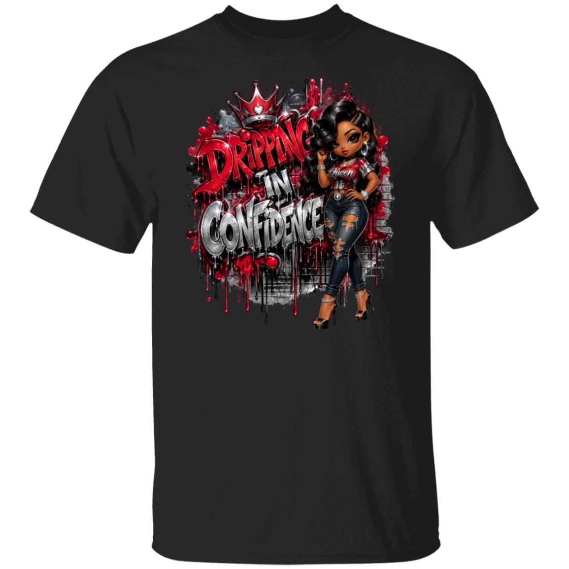 A black short-sleeve crewneck t-shirt featuring a large graphic print on the front. The graphic displays the text 'DRIPPING IN CONFIDENCE' in a red and white spray-paint style, alongside a cartoon illustration of a woman with dark hair wearing a red and white top and ripped blue jeans.