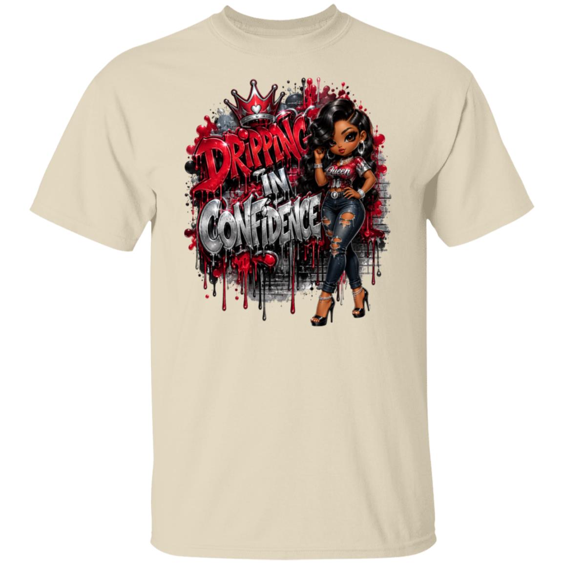 A beige short-sleeve crewneck t-shirt featuring a large graphic print on the front. The graphic displays a stylized cartoon woman with dark hair wearing ripped jeans and heels, next to the text 'DRIPPING IN CONFIDENCE' in red and gray graffiti-style lettering with a dripping paint effect.