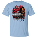 A light blue crewneck t-shirt featuring a large graphic print on the front. The graphic displays the text 'DRIPPING IN CONFIDENCE' in a stylized red and white font with a dripping paint effect, alongside an illustration of a woman with dark hair wearing a red and white top and distressed blue jeans.
