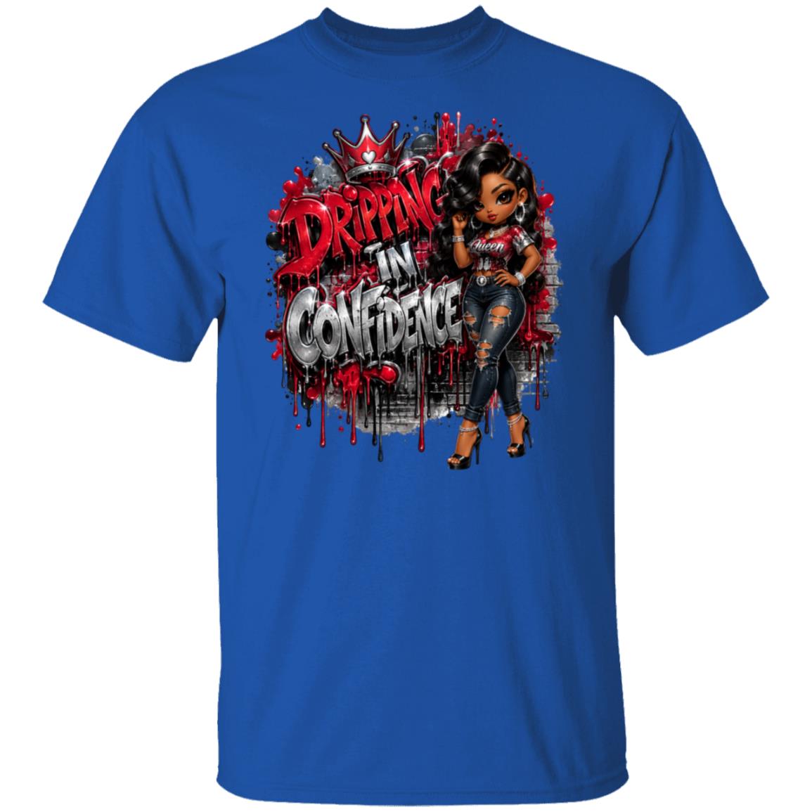 A royal blue short-sleeve t-shirt with a large graphic print on the front. The graphic features the text 'DRIPPING IN CONFIDENCE' in a red and silver graffiti-style font, with a cartoon illustration of a woman in a black top and jeans, set against a splattered red and gray background.