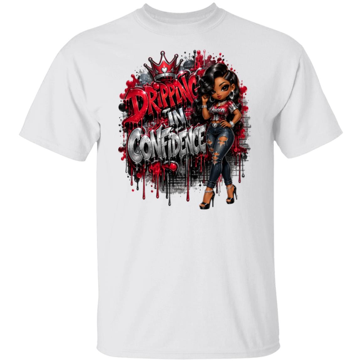 A white short-sleeve crewneck t-shirt featuring a large graphic print on the front. The graphic displays the text 'DRIPPING IN CONFIDENCE' in a red and silver graffiti-style font, accompanied by a cartoon illustration of a woman with dark hair, a crown, and red paint splatters.