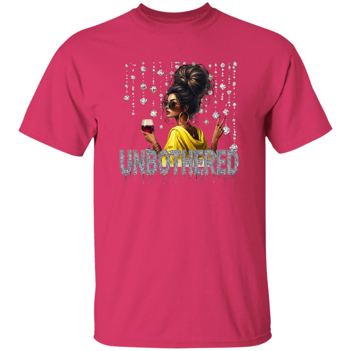 Pink graphic t-shirt featuring an 'Unbothered' design with a stylish woman wearing sunglasses, holding a wine glass, flashing a peace sign, and surrounded by sparkling rhinestones
