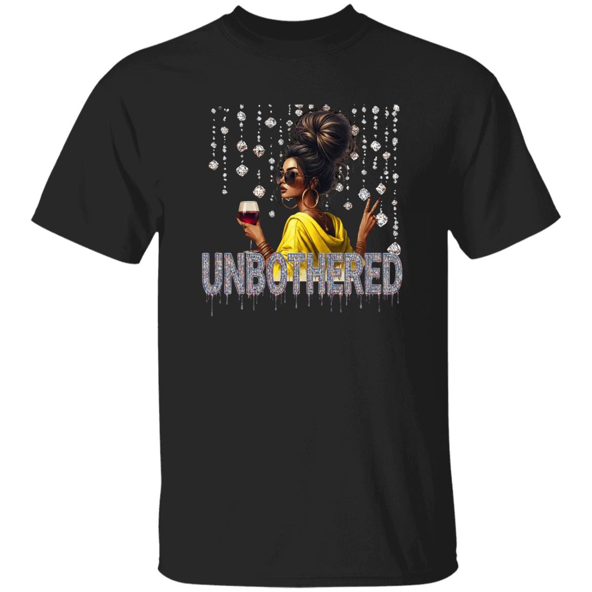 Black graphic t-shirt featuring an 'Unbothered' design with a stylish woman wearing sunglasses, holding a wine glass, flashing a peace sign, and surrounded by sparkling rhinestones