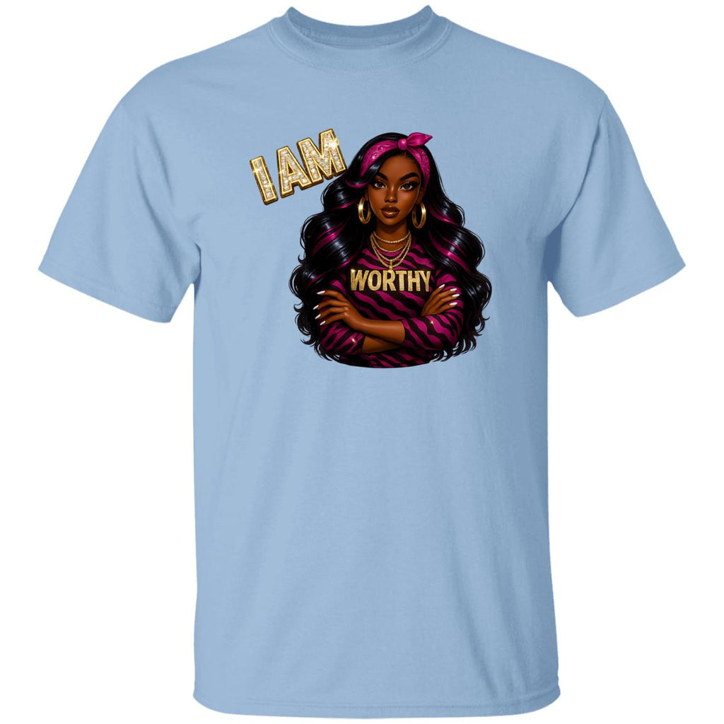 Light Blue Women's inspirational graphic t-shirt with 'I AM WORTHY' message, featuring a fashionable Black woman illustration with pink and black hair, gold jewelry, and a pink zebra-print outfit. Empowerment apparel promoting confidence, self-love, and self-worth.