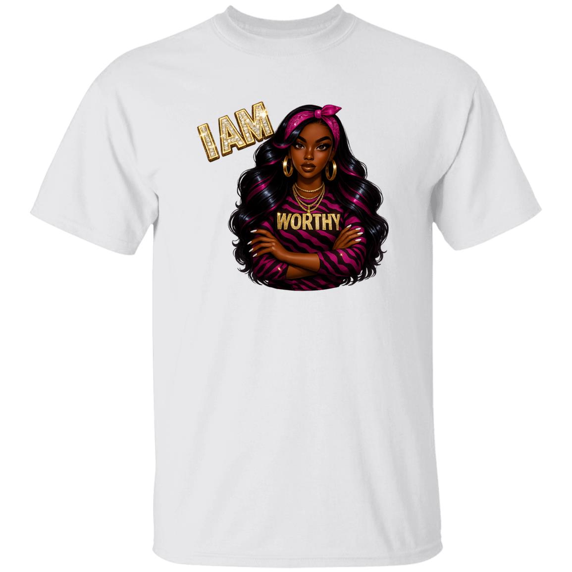 White Women's inspirational graphic t-shirt with 'I AM WORTHY' message, featuring a fashionable Black woman illustration with pink and black hair, gold jewelry, and a pink zebra-print outfit. Empowerment apparel promoting confidence, self-love, and self-worth.