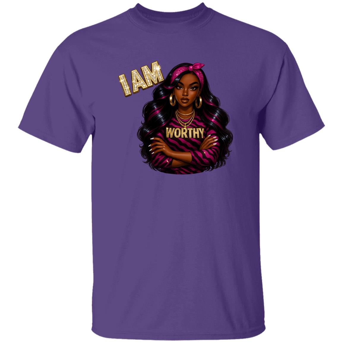 Purple Women's inspirational graphic t-shirt with 'I AM WORTHY' message, featuring a fashionable Black woman illustration with pink and black hair, gold jewelry, and a pink zebra-print outfit. Empowerment apparel promoting confidence, self-love, and self-worth.