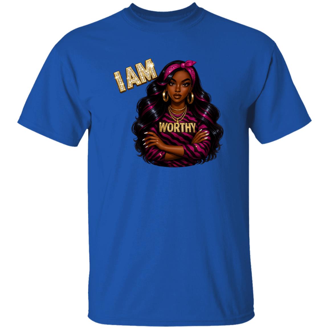 Royal Blue Women's inspirational graphic t-shirt with 'I AM WORTHY' message, featuring a fashionable Black woman illustration with pink and black hair, gold jewelry, and a pink zebra-print outfit. Empowerment apparel promoting confidence, self-love, and self-worth.