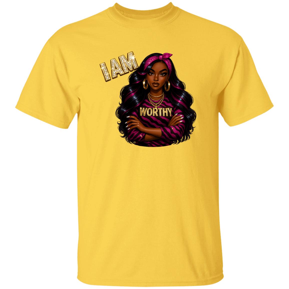 Yellow Women's inspirational graphic t-shirt with 'I AM WORTHY' message, featuring a fashionable Black woman illustration with pink and black hair, gold jewelry, and a pink zebra-print outfit. Empowerment apparel promoting confidence, self-love, and self-worth.
