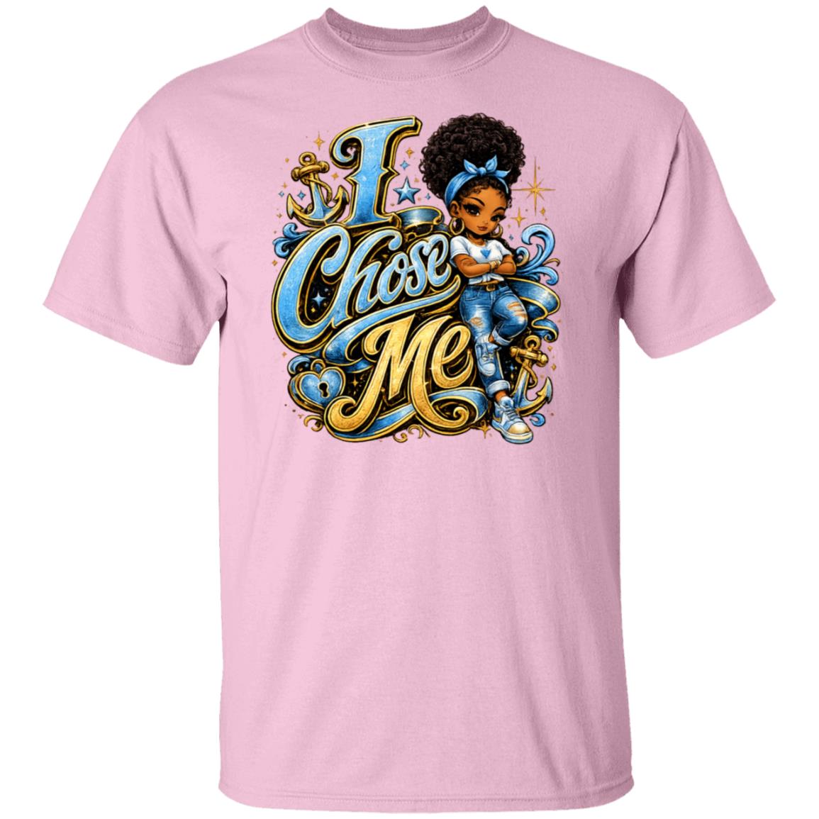 A woman wearing a pink graphic t-shirt with a colorful 'I Chose Me' illustration, standing in a blurred boutique setting.