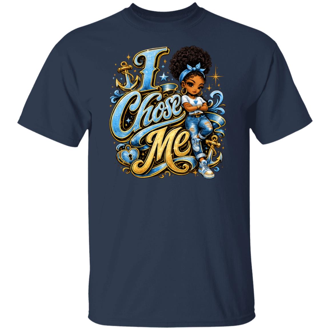A woman wearing a navy graphic t-shirt with a colorful 'I Chose Me' illustration, standing in a blurred boutique setting.