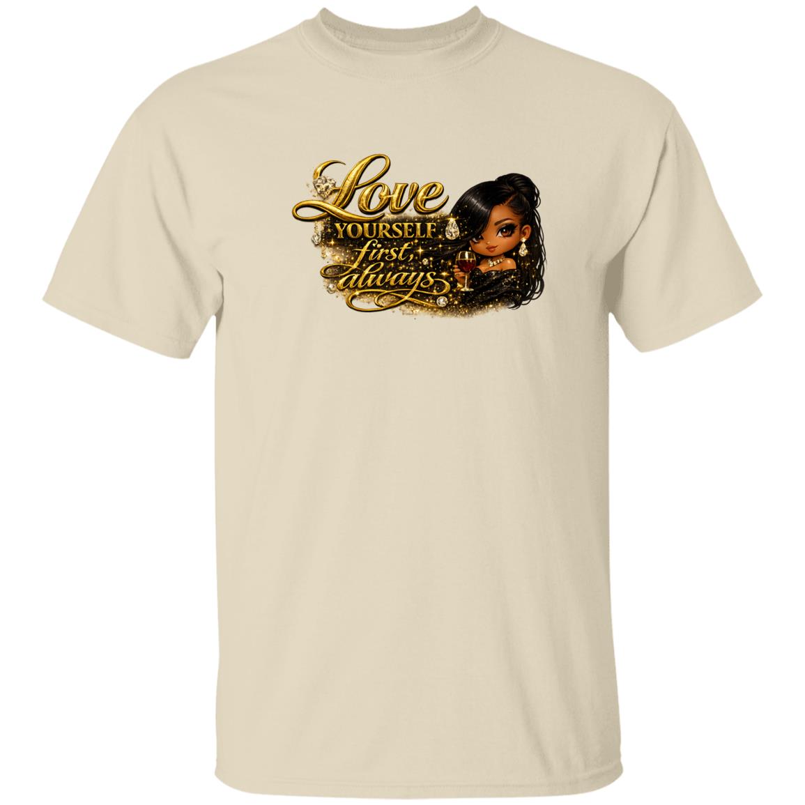 A woman wearing a natural short-sleeve crewneck t-shirt with a graphic print on the front. The graphic features the text 'Love yourself first, always.