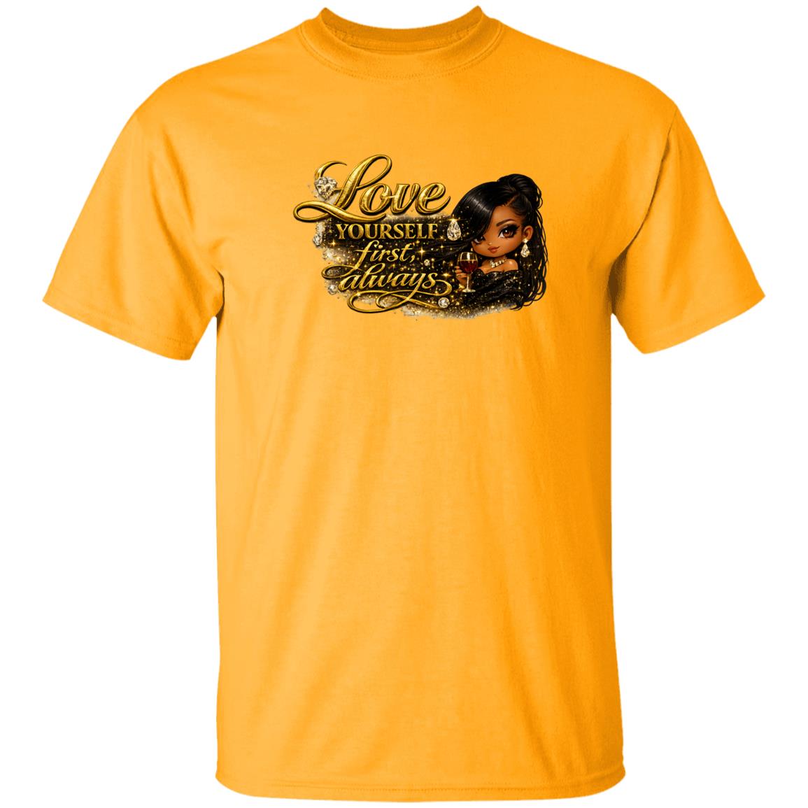 A woman wearing a yellow short-sleeve crewneck t-shirt with a graphic print on the front. The graphic features the text 'Love yourself first, always.