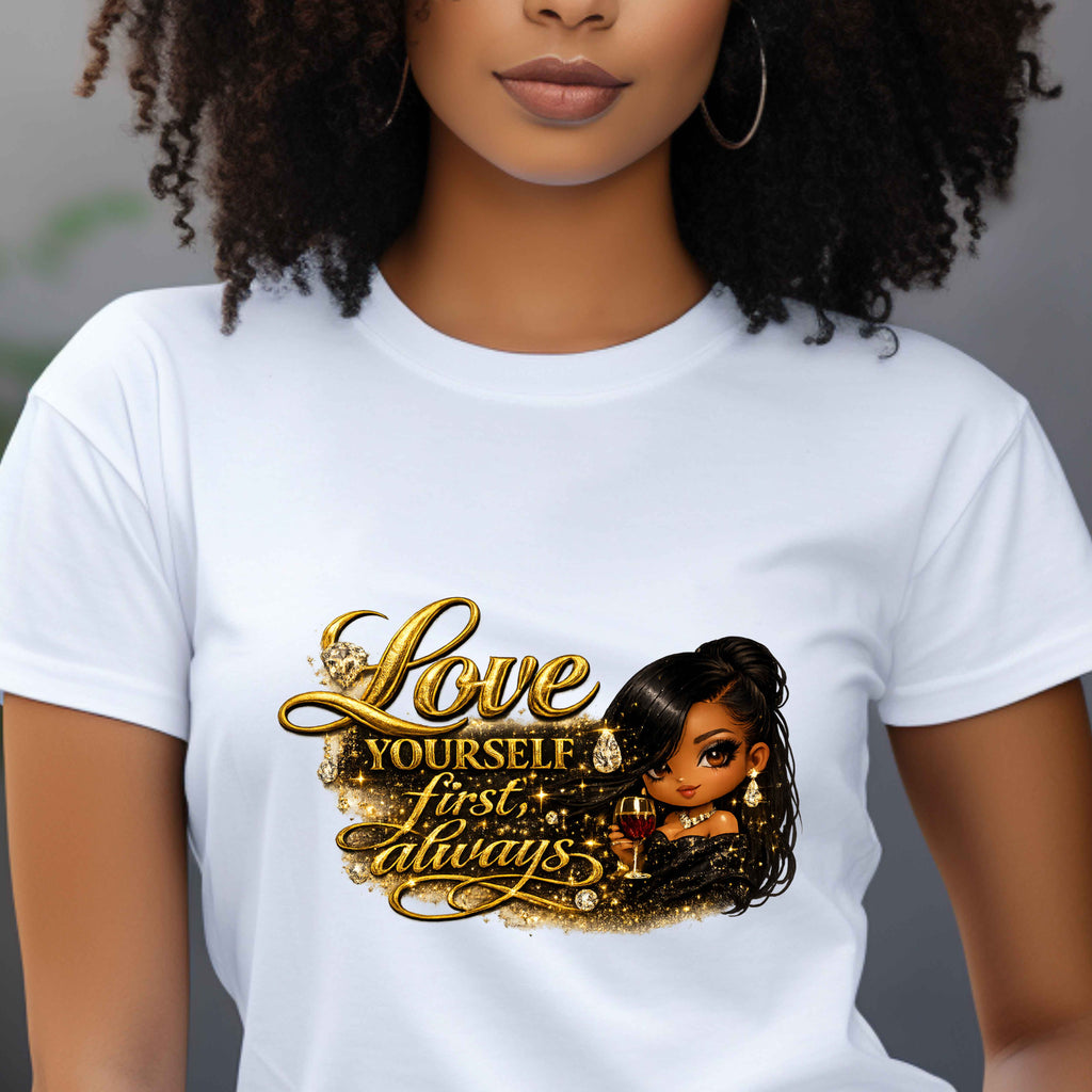 A woman wearing a white short-sleeve crewneck t-shirt with a graphic print on the front. The graphic features the text 'Love yourself first, always.