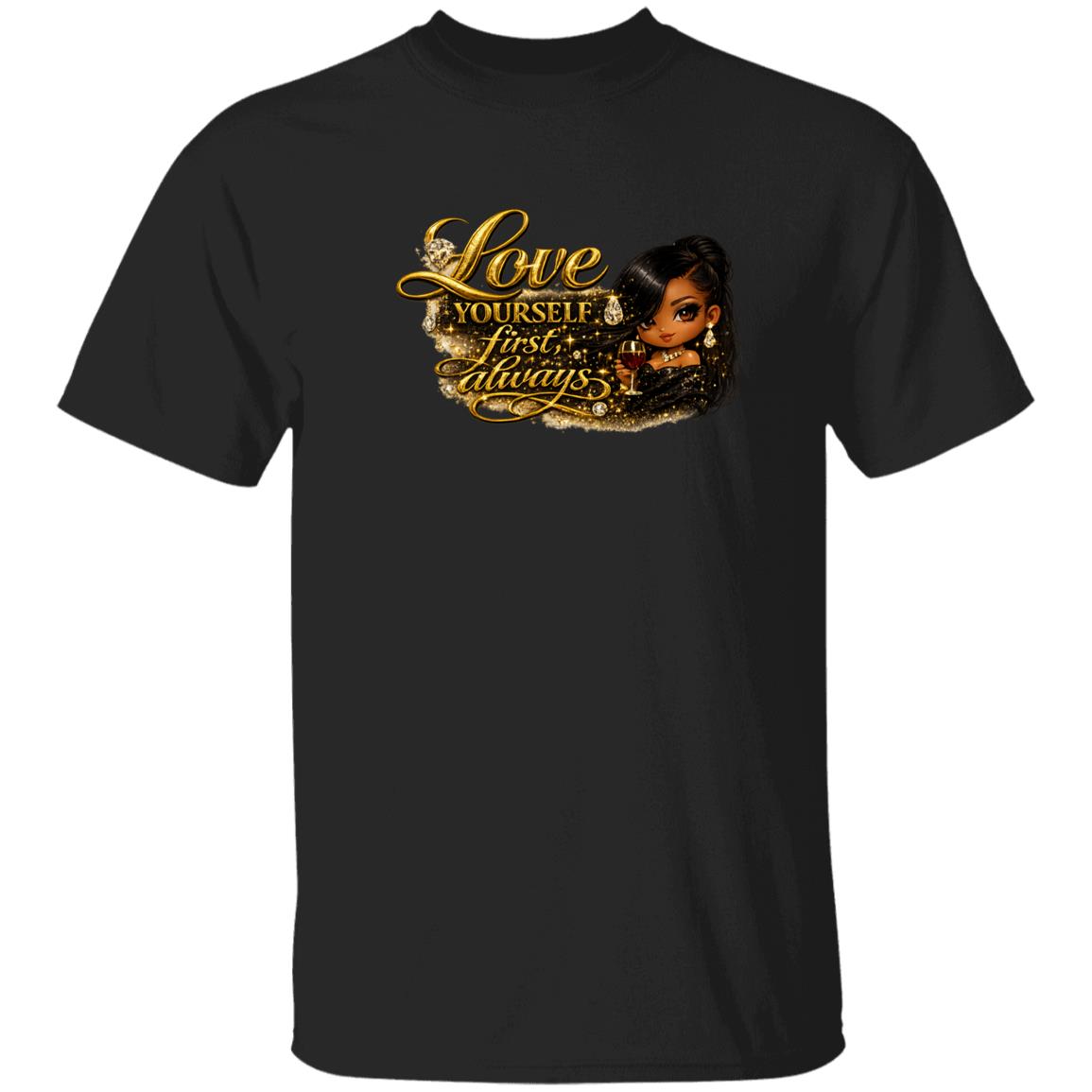 A woman wearing a black short-sleeve crewneck t-shirt with a graphic print on the front. The graphic features the text 'Love yourself first, always.