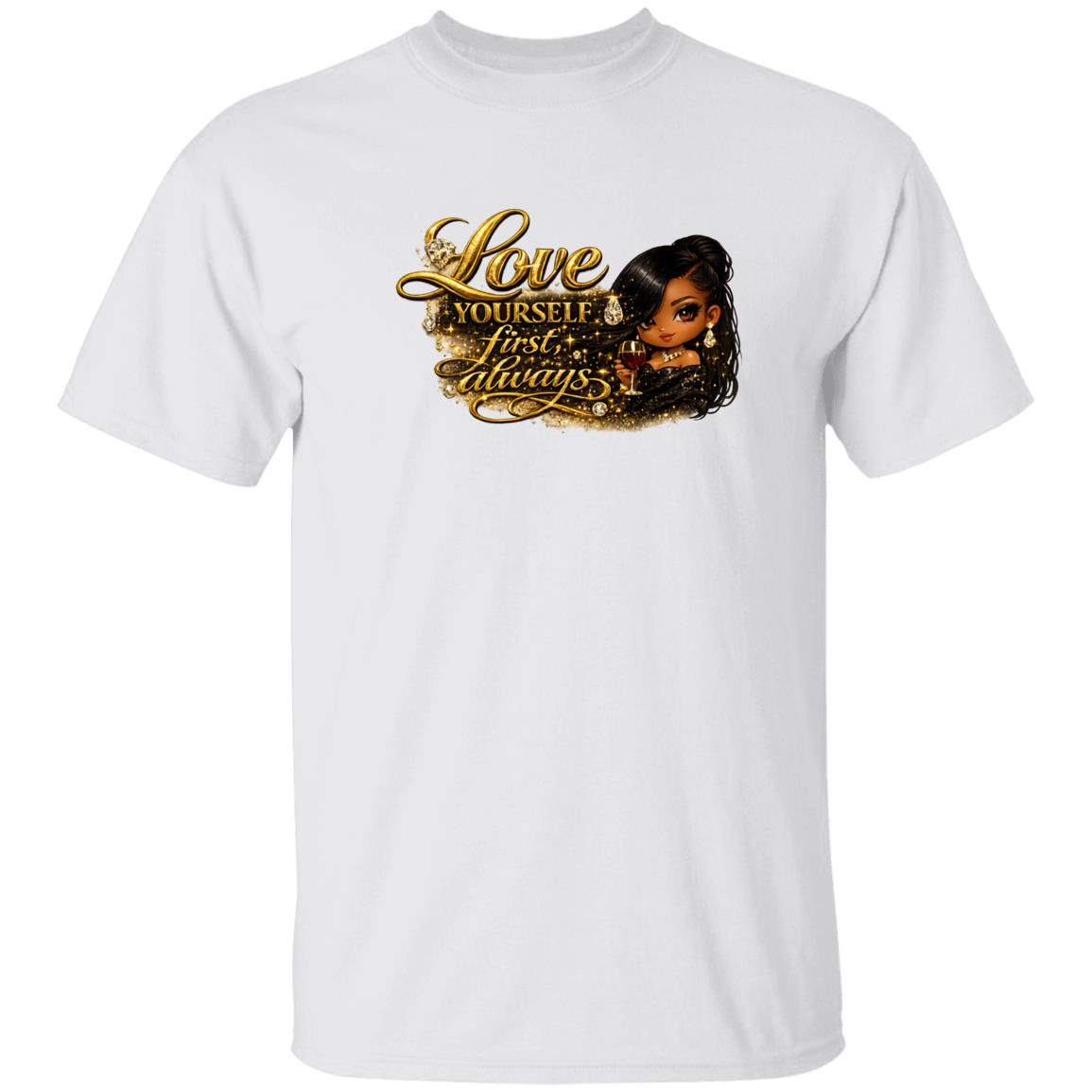 A woman wearing a white short-sleeve crewneck t-shirt with a graphic print on the front. The graphic features the text 'Love yourself first, always.