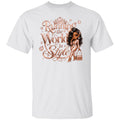 A white short-sleeve crewneck t-shirt featuring a rose gold graphic print on the front with the text 'Running the World in Style' and an illustration of a stylish woman.