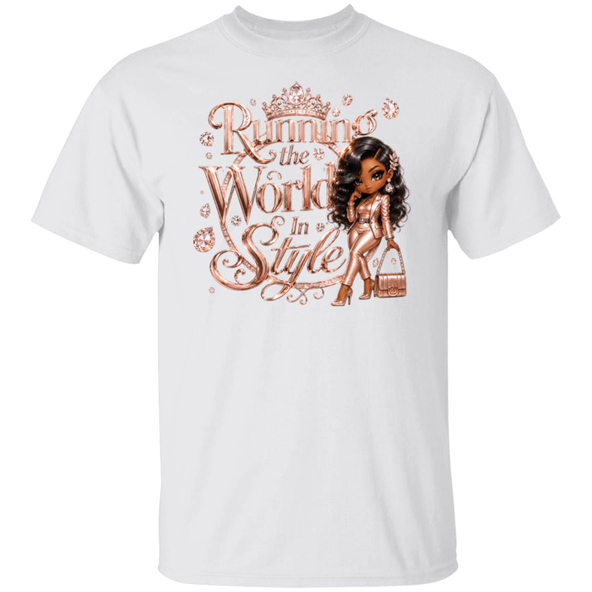 A white short-sleeve crewneck t-shirt featuring a rose gold graphic print on the front with the text 'Running the World in Style' and an illustration of a stylish woman.