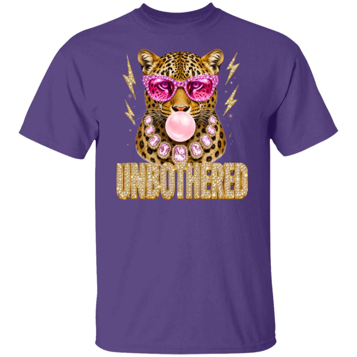a purple  graphic tee of a leopard wearing pink sunglasses and a pink bubblegum mouth, with the word 'UNBOTHERED' in gold glitter-style lettering below. 