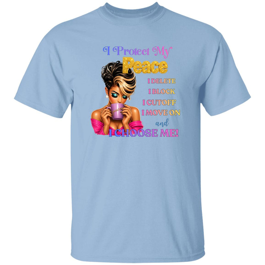  a light blue graphic t-shirt with a bold text design and an illustration of a woman holding a purple drink. 
