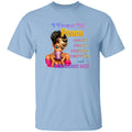  a light blue graphic t-shirt with a bold text design and an illustration of a woman holding a purple drink. 
