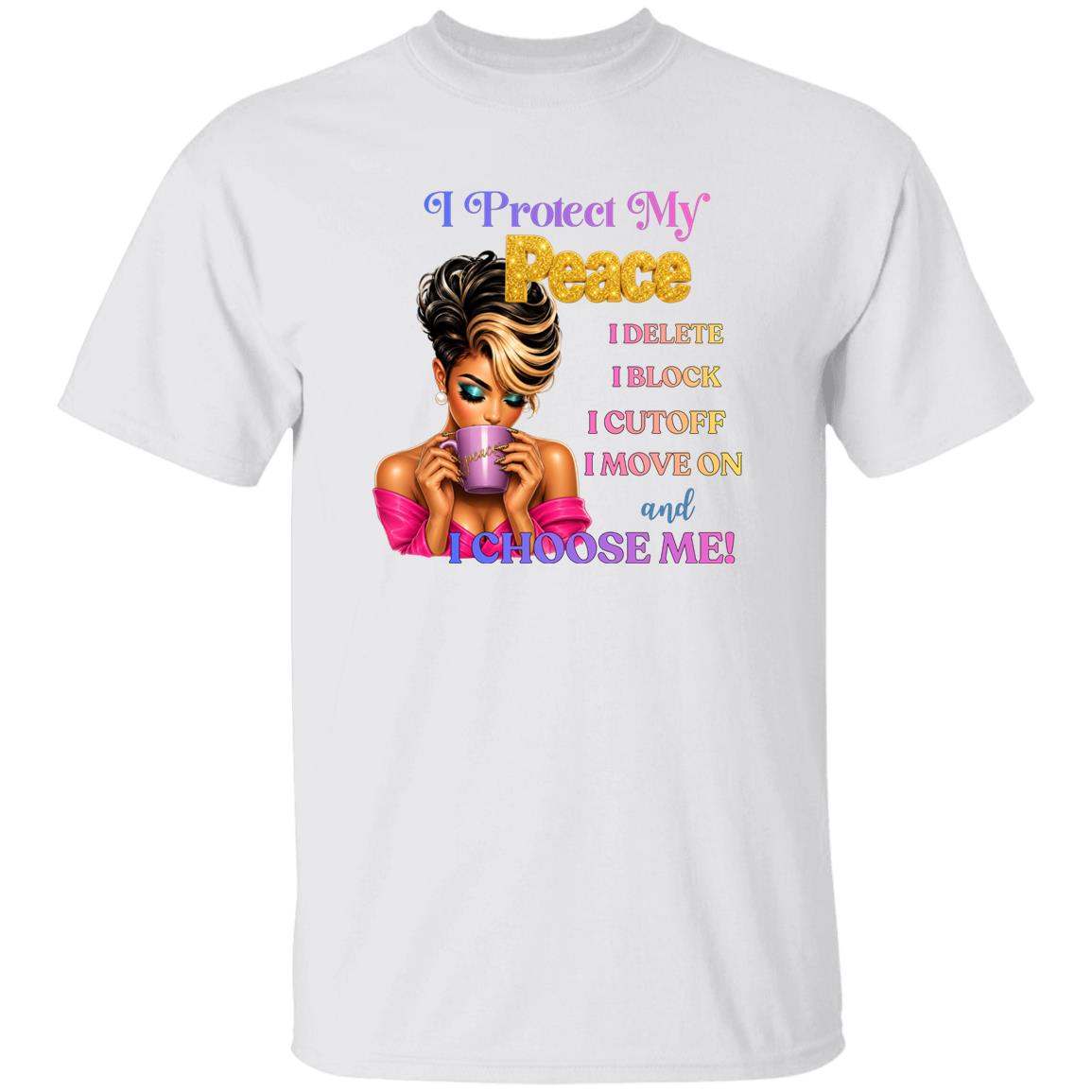  a white graphic t-shirt with a bold text design and an illustration of a woman holding a purple drink. 