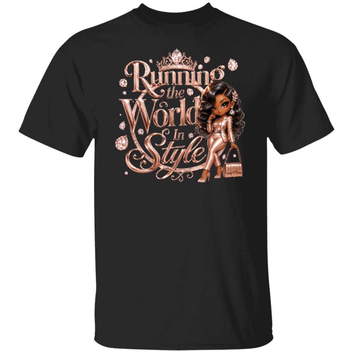 A black short-sleeve crewneck t-shirt featuring a graphic print on the front with the text 'Running the World In Style' in a rose gold metallic font, decorated with a crown and a stylized illustration of a woman in a metallic outfit.