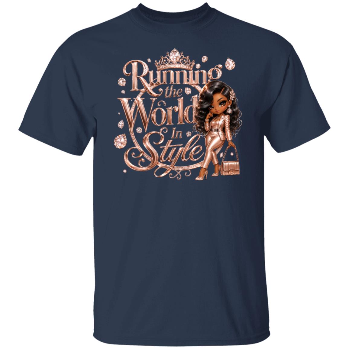 A navy blue short-sleeve t-shirt with a graphic print on the front. The graphic features the text 'Running the World In Style' in a metallic rose-gold/copper tone, decorated with a small crown and sparkling details, alongside an illustration of a woman with dark hair in a metallic outfit holding a handbag.