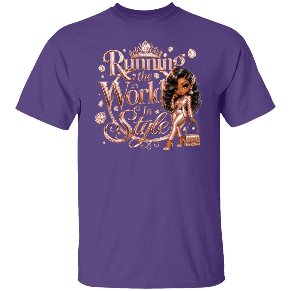 A purple short-sleeve crewneck t-shirt featuring a graphic print on the front with the text 'Running the World In Style' in a metallic rose-gold/copper font, decorated with a small crown and a cartoon-style illustration of a woman in a metallic outfit.