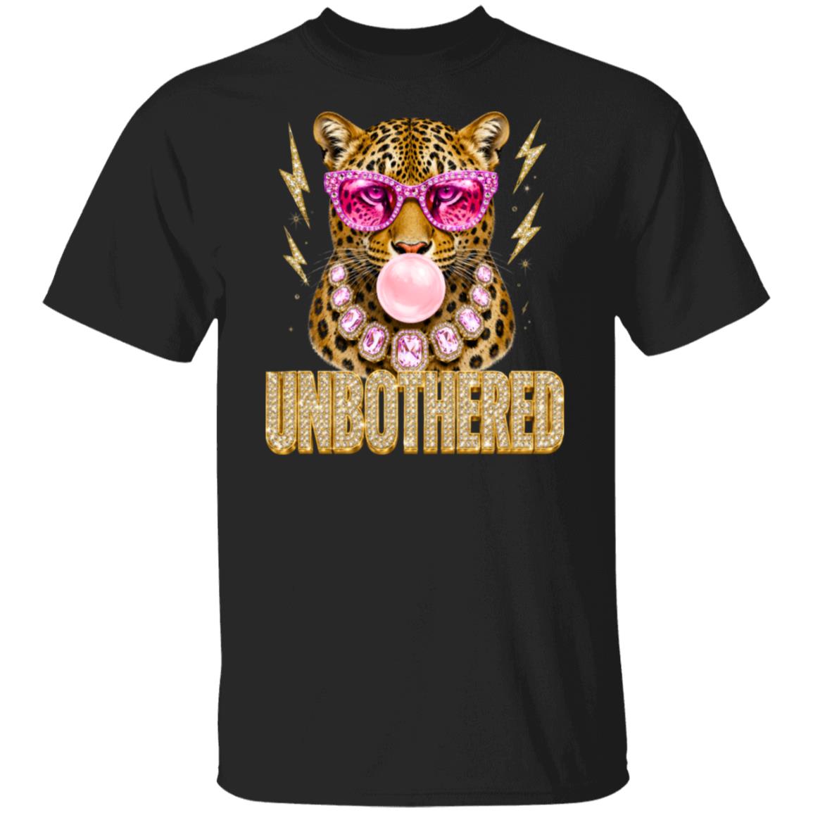 a black  graphic tee of a leopard wearing pink sunglasses and a pink bubblegum mouth, with the word 'UNBOTHERED' in gold glitter-style lettering below. 