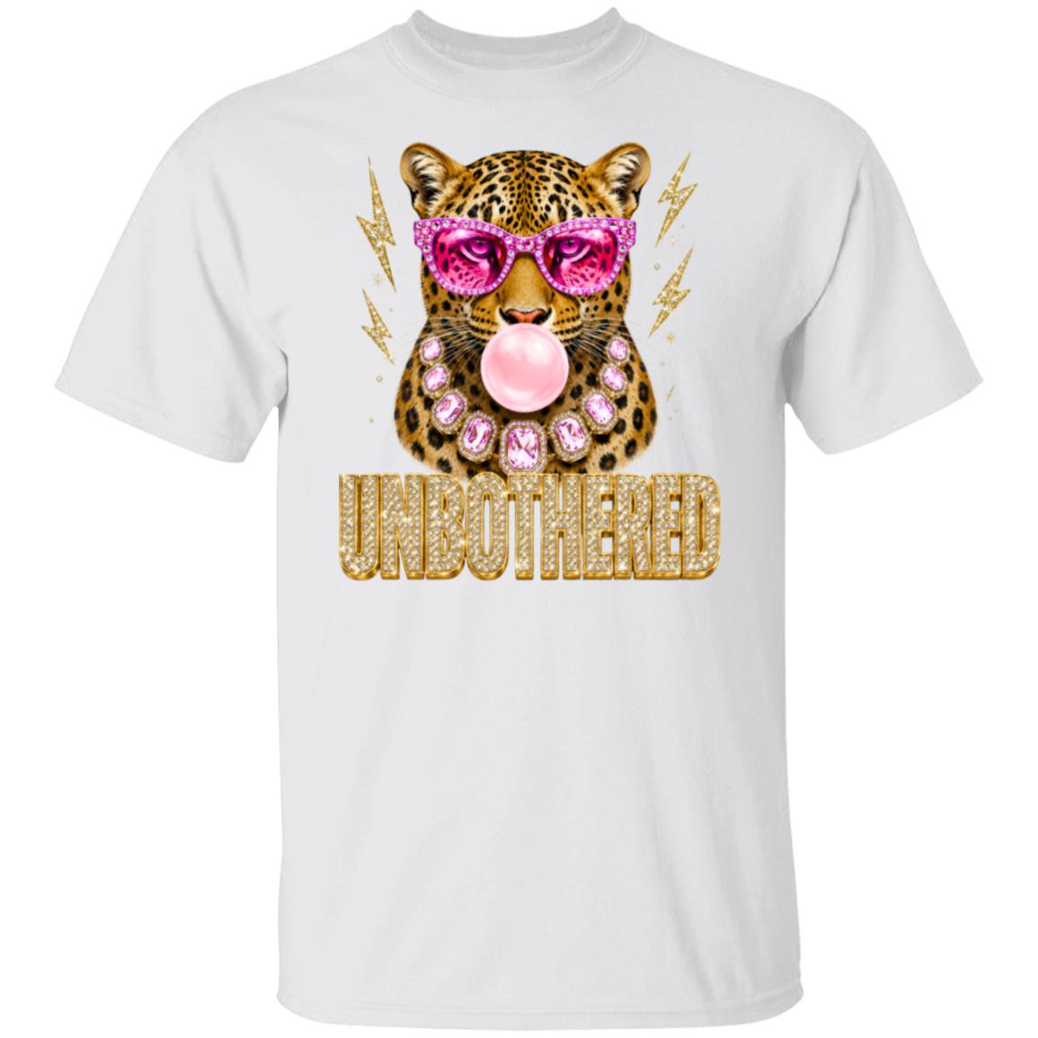 a white  graphic tee of a leopard wearing pink sunglasses and a pink bubblegum mouth, with the word 'UNBOTHERED' in gold glitter-style lettering below. 
